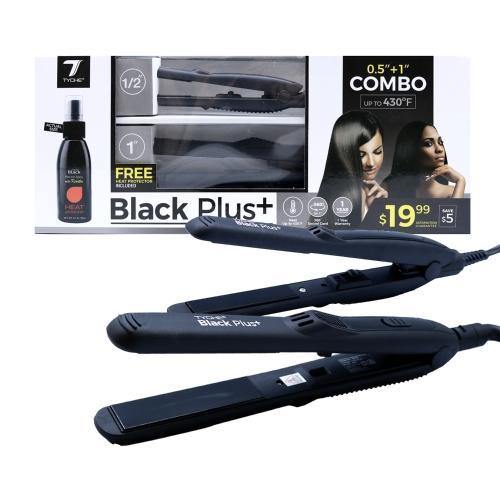 Black Plus Double Ceramic Flat Iron Combo Pack -1 inch and 0.5 inch combo pack and Thermal Protectant Spray - True Elegance Beauty Supply
